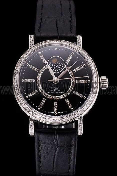 IWC Portofino Moon Phase Black Dial With Diamonds Stainless Steel Case Diamonds Bezel Black Leather Strap