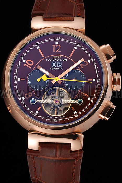 Louis Vuitton Tambour LV277 Tourbillon Brown Dial Rose Gold Case Brown Leather Strap