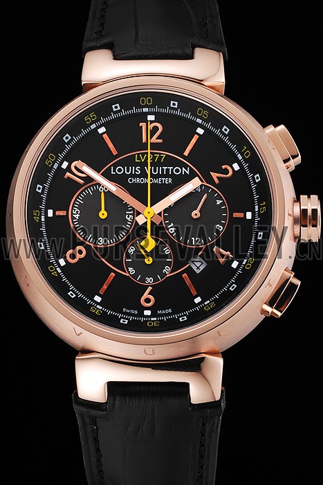 Louis Vuitton Tambour LV277 Chronograph Black Dial Rose Gold Case Black Leather Strap