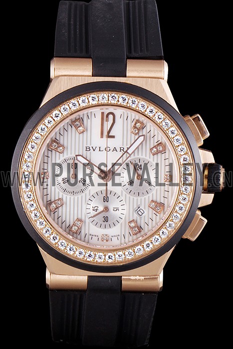 Bvlgari Diagono 40mm White Dial Gold Case With Diamonds Black Rubber Bracelet