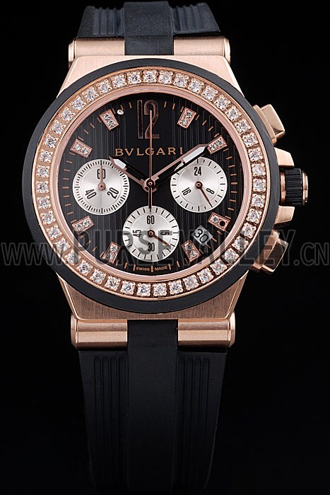 Bvlgari Diagono 36mm Black Dial Gold Case With Diamonds Black Rubber Bracelet