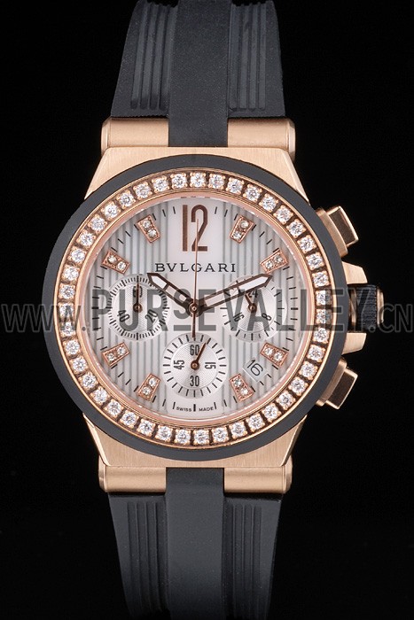 Bvlgari Diagono 36mm White Dial Gold Case With Diamonds Black Rubber Bracelet