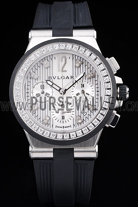Bvlgari Diagono 36mm White Dial Stainless Steel Case With Diamonds Black Rubber Bracelet
