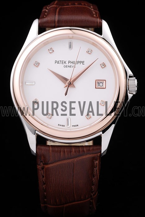 Patek Philippe Geneve Calatrava Crystal Studded Hour Marker White Dial Brown Leather Strap