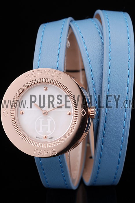 Hermes Classic MOP Dial Light Blue Elongated Leather Strap