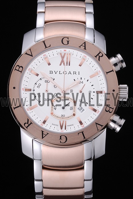 Bvlgari Diagono 46mm White Dial Stainless Steel Case Rose Gold Bezel Two Tone Bracelet
