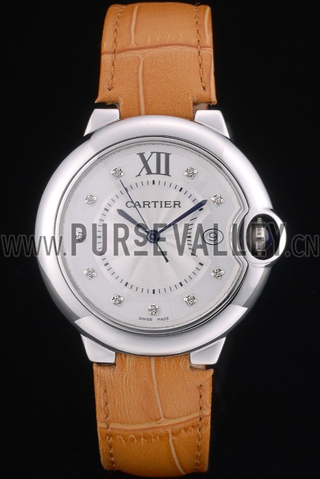 Cartier Ballon Bleu 42mm White Dial Stainless Steel Case Light Brown Leather Bracelet