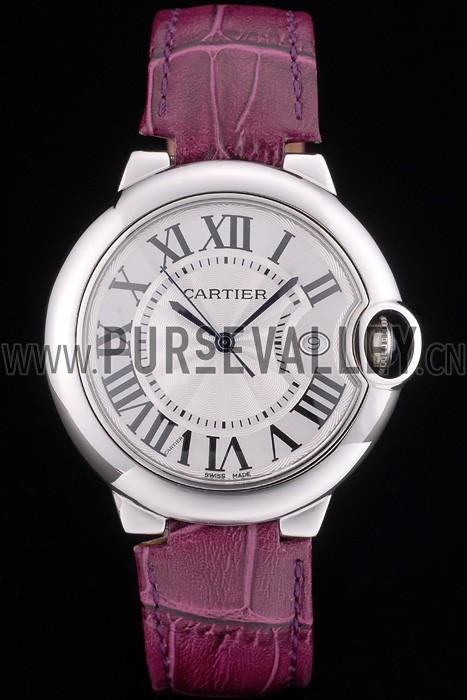 Cartier Ballon Bleu 38mm White Dial Stainless Steel Case Purple Leather Bracelet