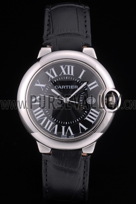 Cartier Ballon Bleu 38mm Black Dial Stainless Steel Case Black Leather Bracelet