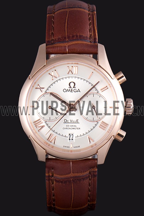 Omega DeVille Rose Gold Bezel with White Dial and Brown Leather Strap 621570