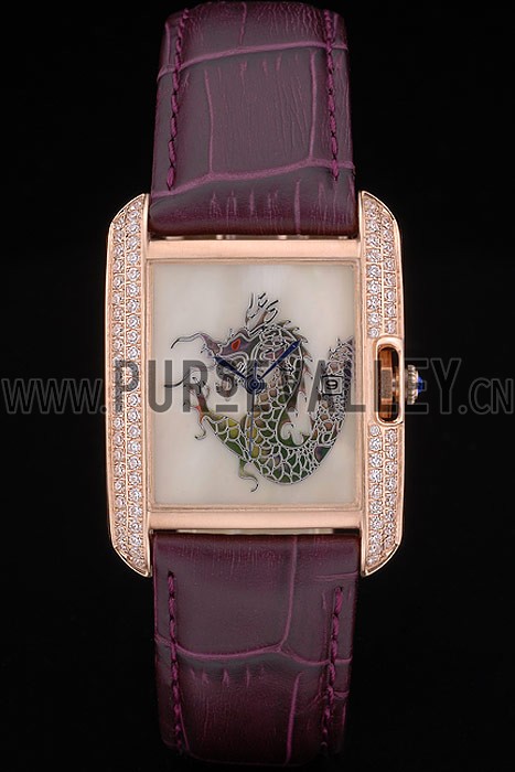 Cartier Tank Anglaise White Dragon Dial Diamonds Gold Case Purple Leather Bracelet