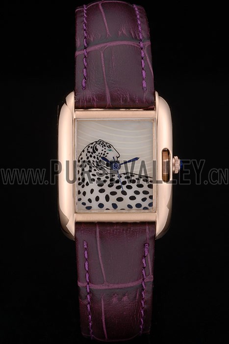 Cartier Tank Anglaise White Tiger Dial Gold Case Purple Leather Bracelet