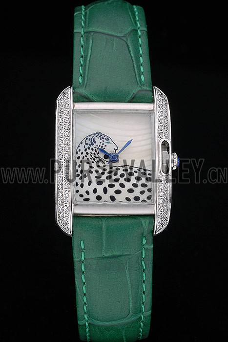 Cartier Tank Anglaise White Tiger Dial Diamonds Steel Case Green Leather Bracelet