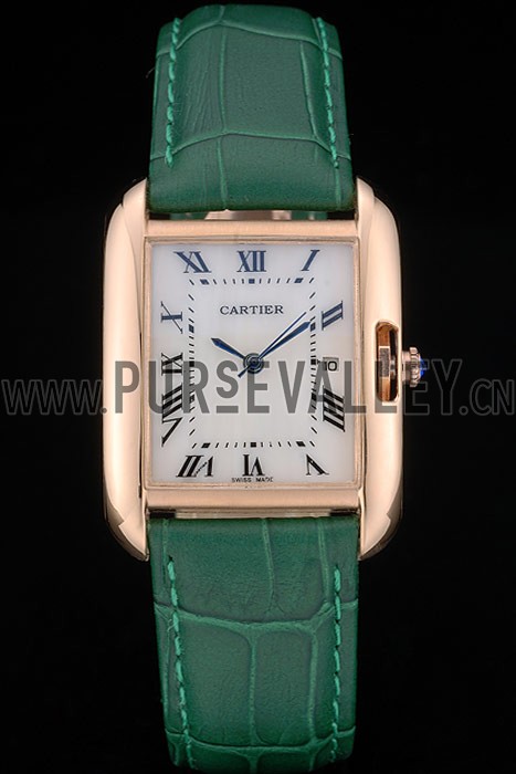 Cartier Tank Anglaise 30mm White Dial Gold Case Green Leather Bracelet