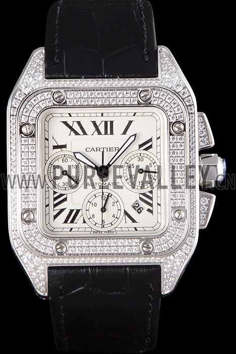 Swiss Cartier Santos Silver Bezel with Diamonds and Black Leather Strap sct44 621528
