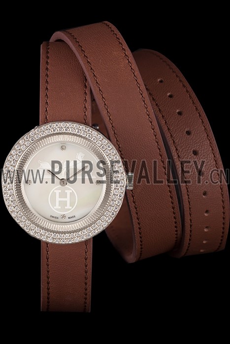 Hermes Classic MOP Dial Brown Elongated Leather Bracelet 801393