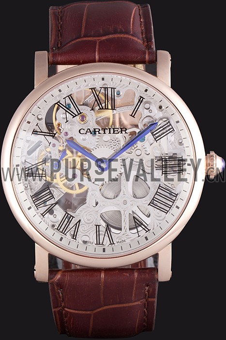 Cartier Luxury Skeleton Watch with Rose Gold Bezel and Brown Leather Band 621557