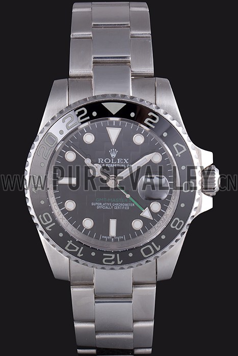 Rolex GMT Stainless Steel Bracelet with Black Enamel Bezel and Black Dial 621571