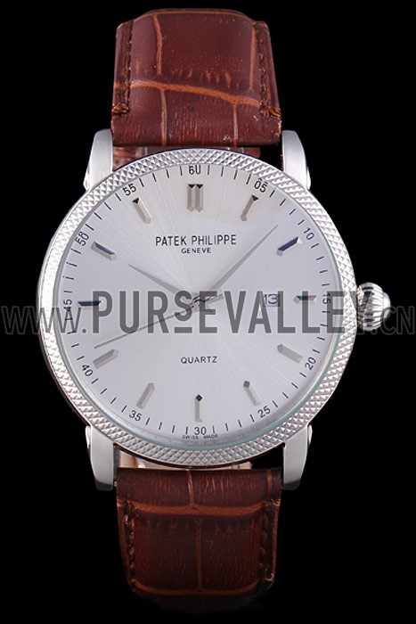 Patek Philipe Calatrava Stainless Steel Ribbed Bezel Brown Leather Bracelet 801429