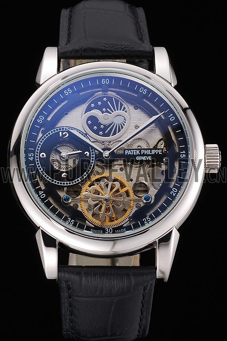 Patek Philippe Dual Time Moonphase Tourbillon Black Skeletonised Dial Stainless Steel Case Black Leather Strap