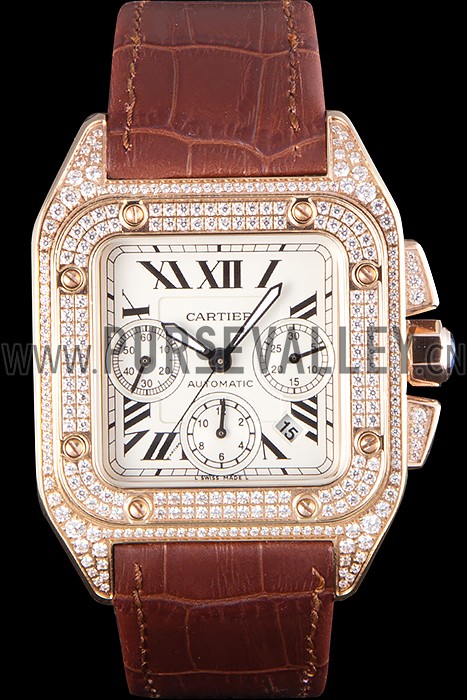 Swiss Cartier Santos Rose Gold Bezel with Diamonds and Brown Leather Strap sct43 621527