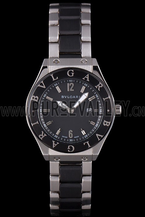 Bvlgari Diagono 40mm Black Dial Steel Case Black Bezel Two Tone Bracelet