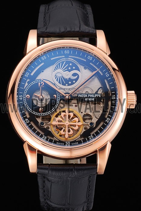 Patek Philippe Dual Time Moonphase Tourbillon Black Skeletonised Rose Gold Case Black Leather Strap