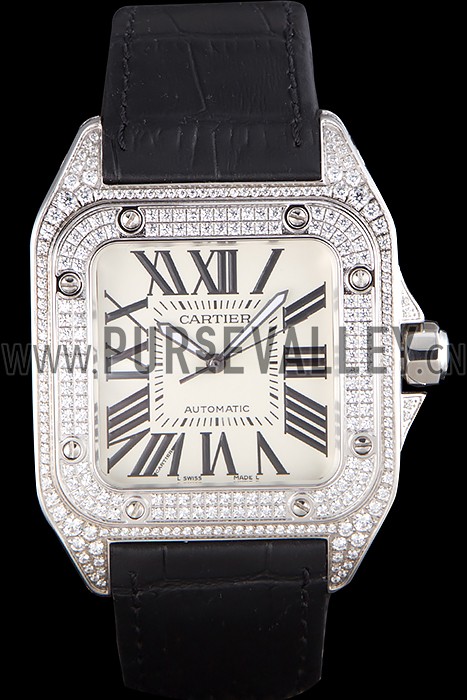 Swiss Cartier Santos Silver Bezel with Diamonds and Black Leather Strap sct47 621531
