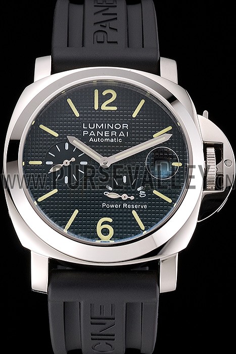 Panerai Luminor Power Reserve Black Hobnail Pattern Dial Stainless Stel Case Black Rubber Strap