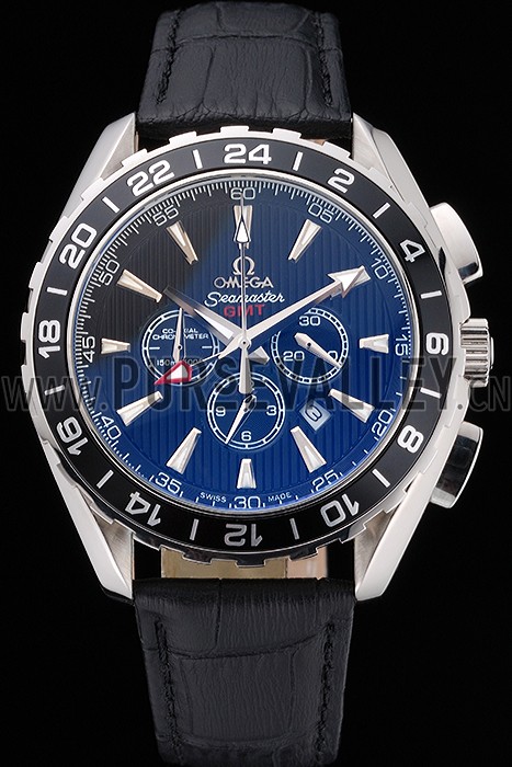 Omega Seamaster Aqua Terra Chrono GMT Blue Dial Black Leather Bracelet 622535