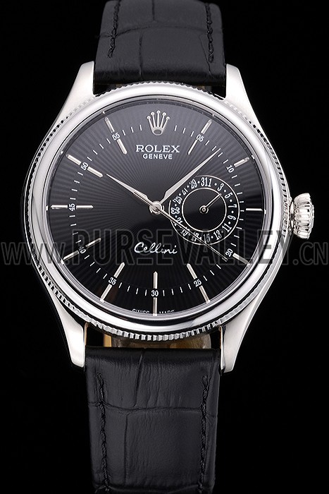 Rolex Cellini Black Dial Stainless Steel Case Black Leather Bracelet 622724