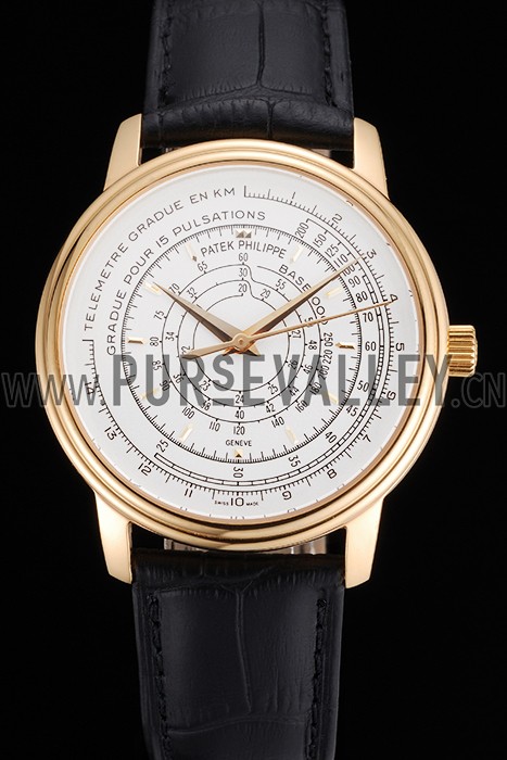 Swiss Patek Philippe Multi-Scale Chronograph White Dial Gold Case Black Leather Strap