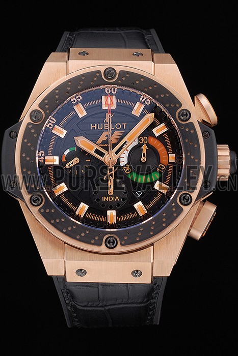 Swiss Hublot Big Bang Limited Edition Formula 1 India Black Dial Gold Case Black Leather Strap 62288