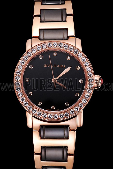 Bvlgari Bvlgari Black Dial Diamond Hourmarks Gold Case Diamond Bezel Two Tone Bracelet