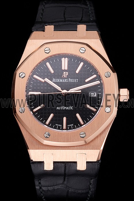Swiss Audemars Piguet Royal Oak Black Dial Gold Case Black Leather Strap