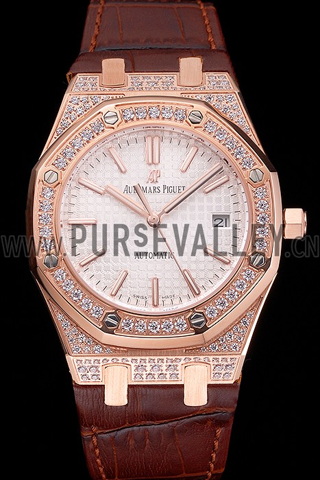 Swiss Audemars Piguet Royal Oak White Dial Gold Case With Diamonds Brown Leather Strap