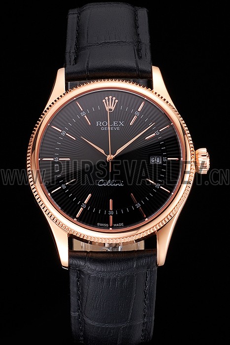 Swiss Rolex Cellini Date Black Dial Rose Gold Markings Rose Gold Case Black Leather Strap