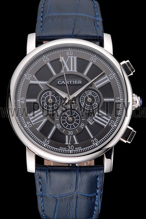 Cartier Rotonde Chronograph Black Dial Stainless Steel Case Blue Leather Strap