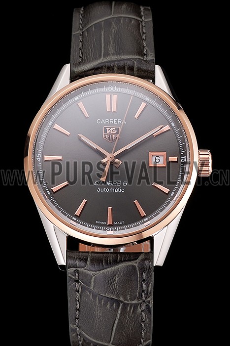 Swiss Tag Heuer Carrera Calibre 5 Gray Dial Rose Gold Case Black Leather Strap