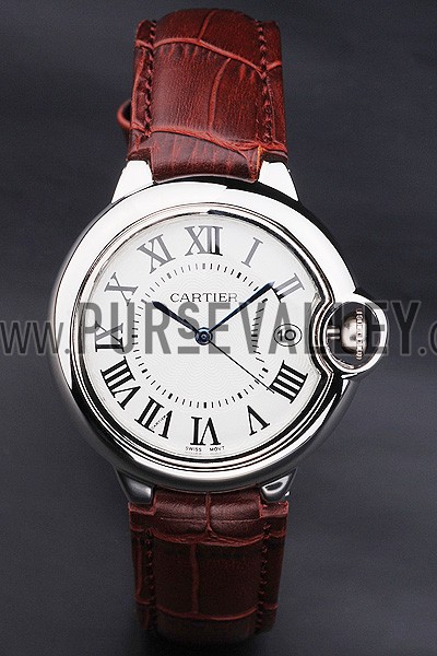 Cartier Ballon Bleu 42mm White Dial Stainless Steel Case Brown Leather Bracelet