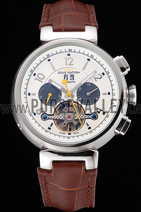 Louis Vuitton Tambour LV277 Tourbillon White Dial Stainless Steel Case Brown Leather Strap