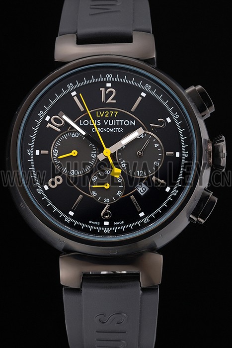 Louis Vuitton Tambour LV277 Chronograph Black Dial Black PVD Case Black Rubber Strap