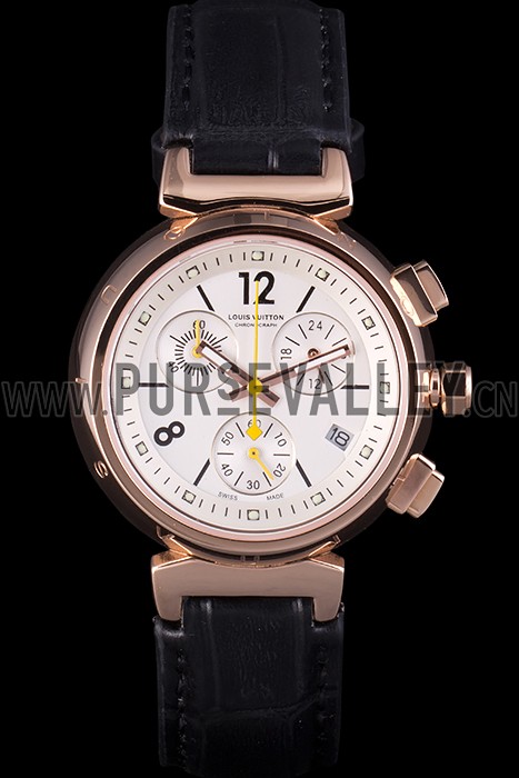 Louis Vuitton Tambour Black Leather Bracelet White Dial 801418