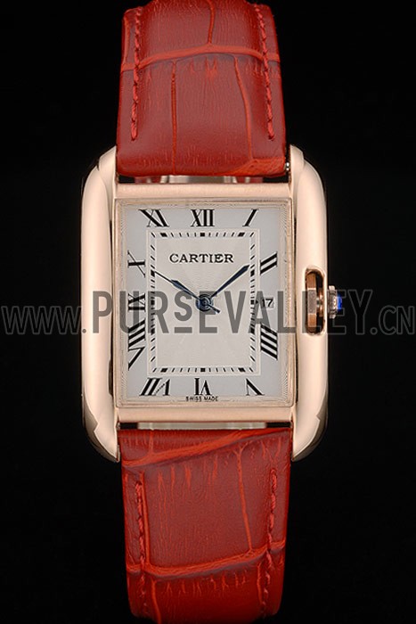 Cartier Tank Anglaise 30mm White Dial Gold Case Red Leather Bracelet