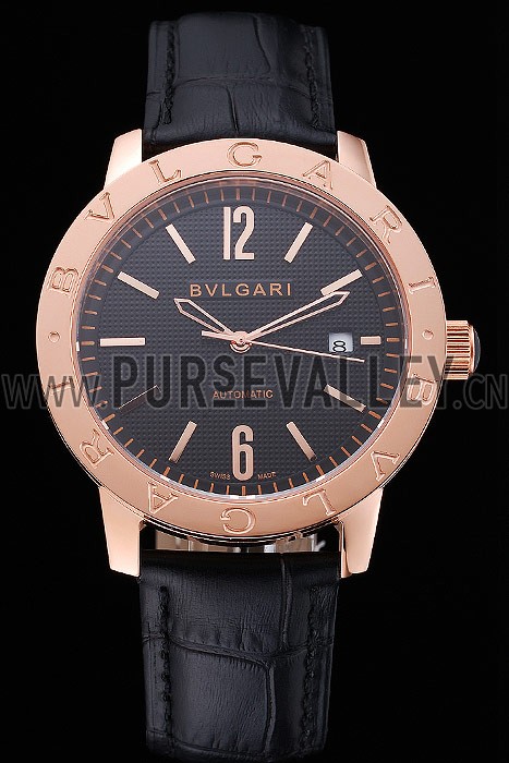 Bvlgari Novelties Black Dial Gold Case Black Leather Strap