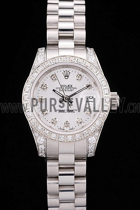 Rolex DateJust Brushed Stainless Steel Diamond Plated Case White Dial Diamond Plated Bezel