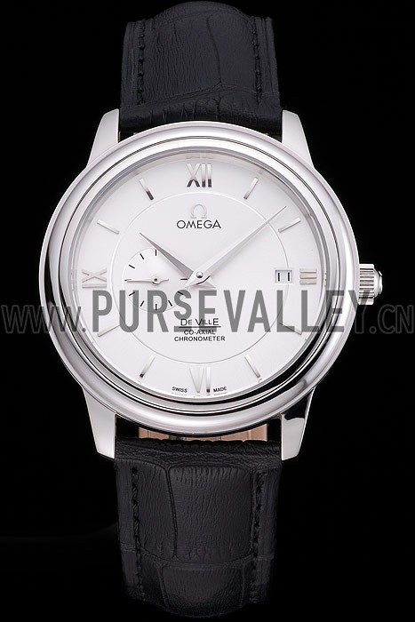Omega De Ville Prstige Co-Axial White Dial Silver Case Black Leather Strap Roman Numeral