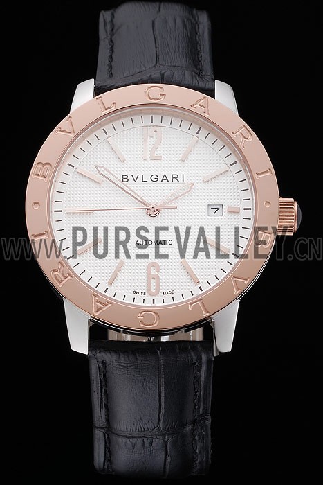 Bvlgari Novelties White Dial Gold Case Black Leather Strap