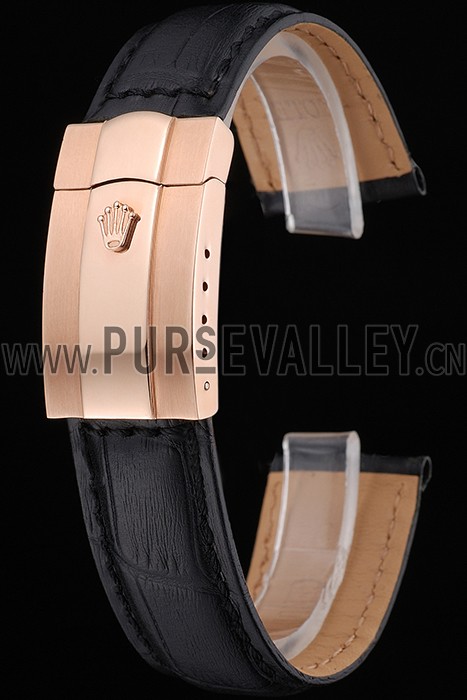 Rolex Black Leather with Rose Gold Clasp Bracelet 622498