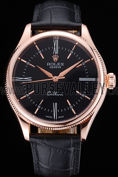 Rolex Cellini Black Dial Pink Gold Case Black Leather Strap 622842